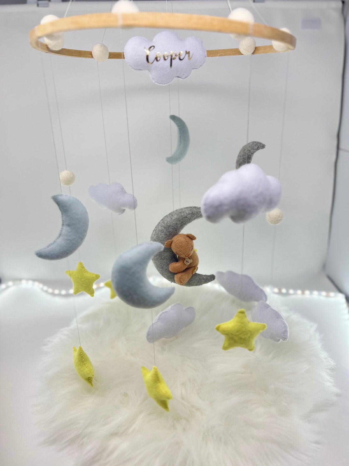 Personalised Felt Baby Mobile with Bear, Stars & Clouds