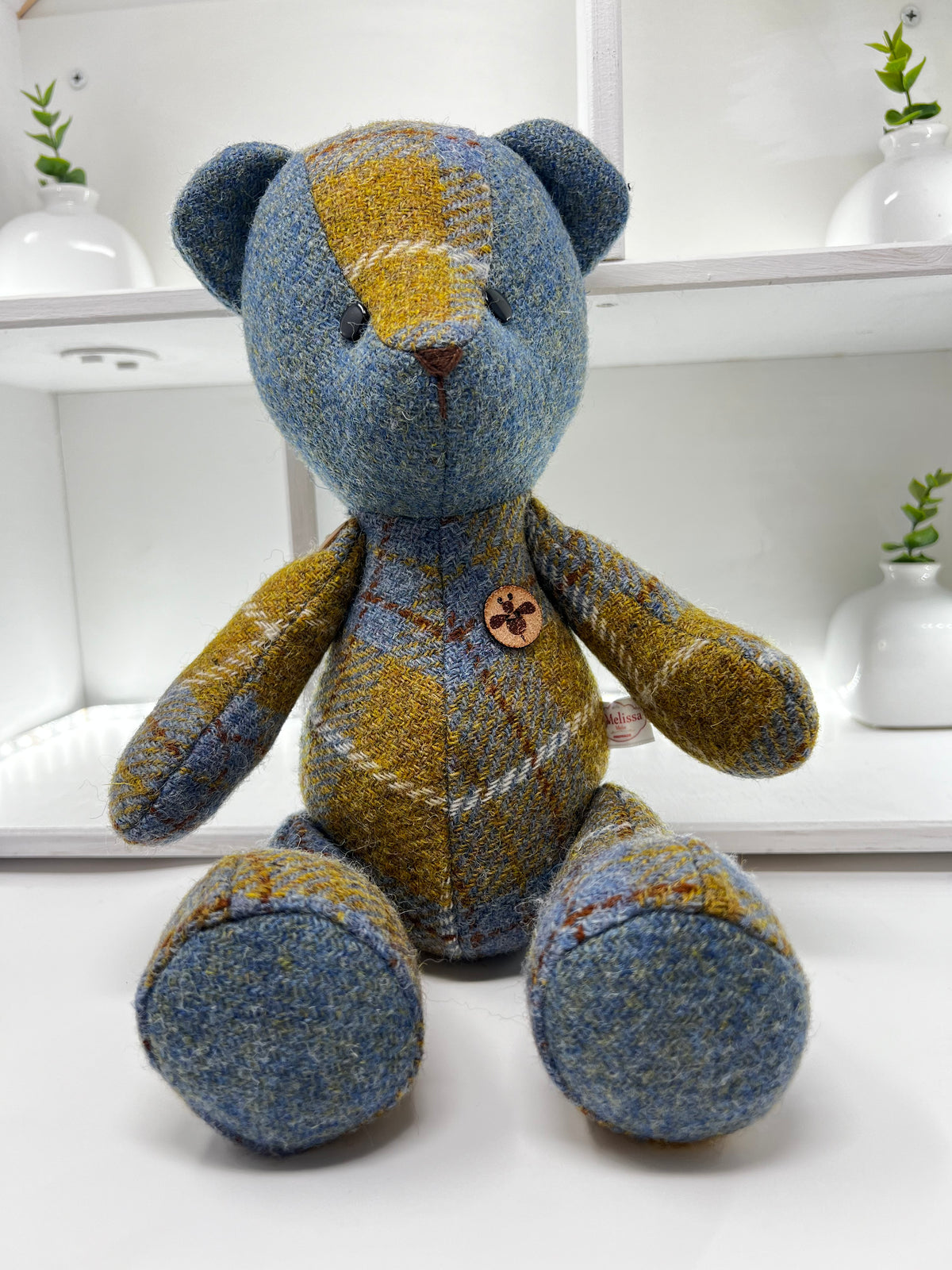 Blue Mustard Harris Tweed Bear, Face Detail