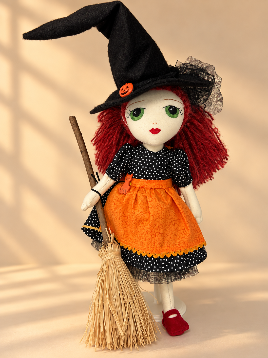 Handmade Witch Doll with Broom & Hat — 17″