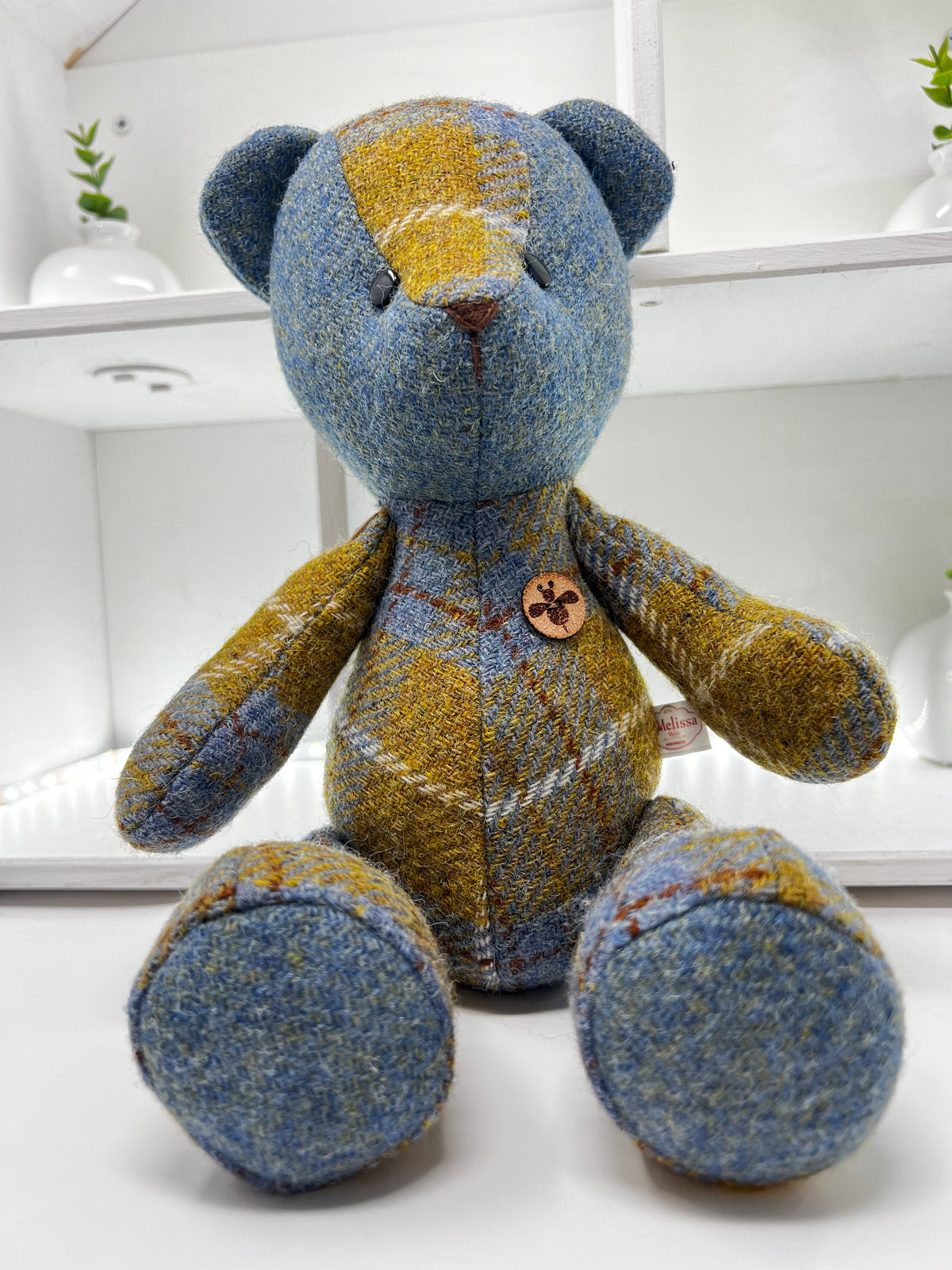 Blue Mustard Harris Tweed Bear, Face Detail