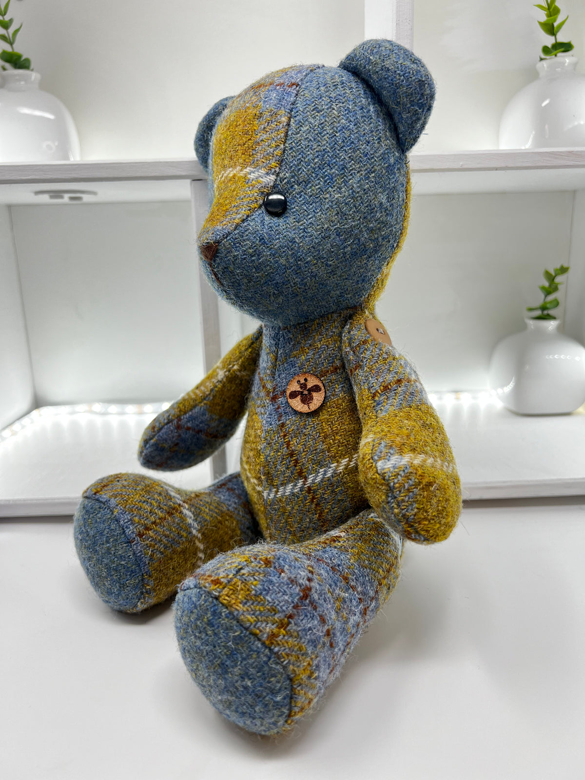 Blue Mustard Harris Tweed Bear, Face Detail