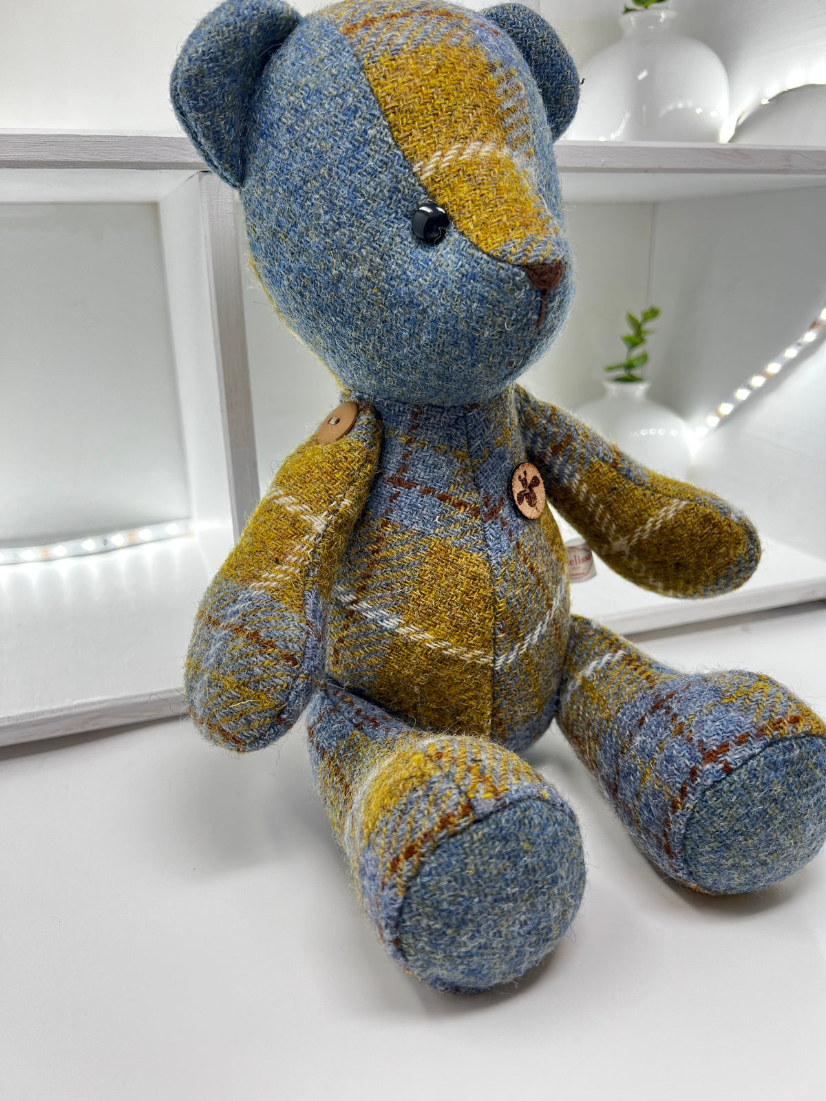 Blue Mustard Harris Tweed Bear, Face Detail