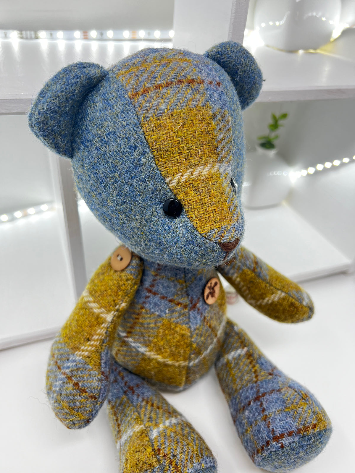 Blue Mustard Harris Tweed Bear, Face Detail