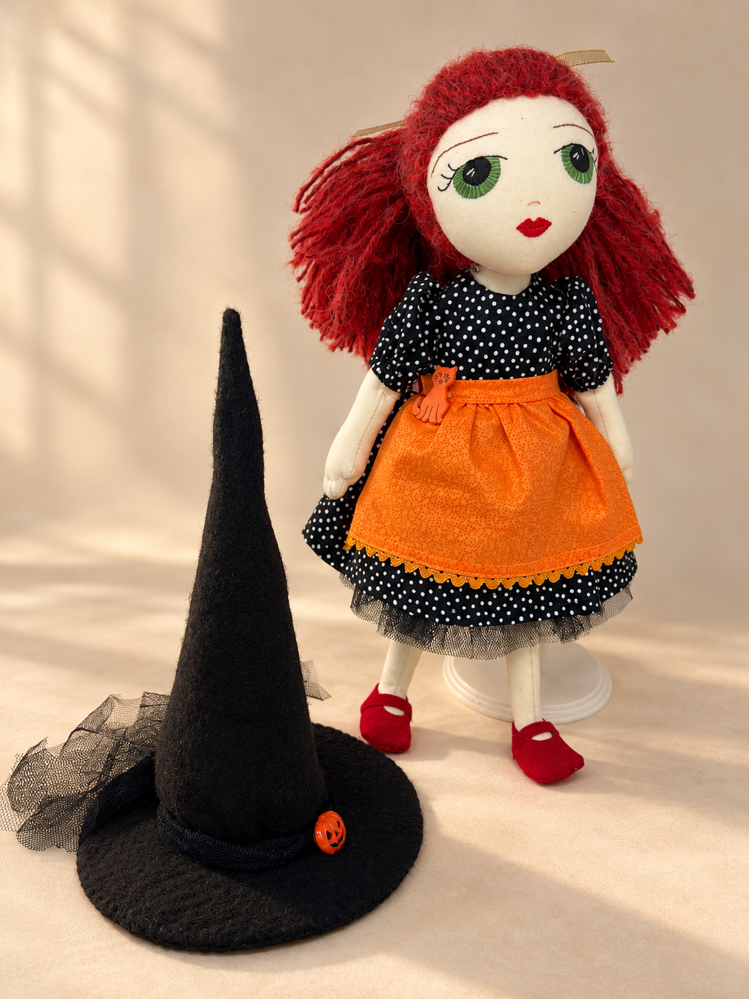 Handmade Witch Doll with Broom & Hat — 17″