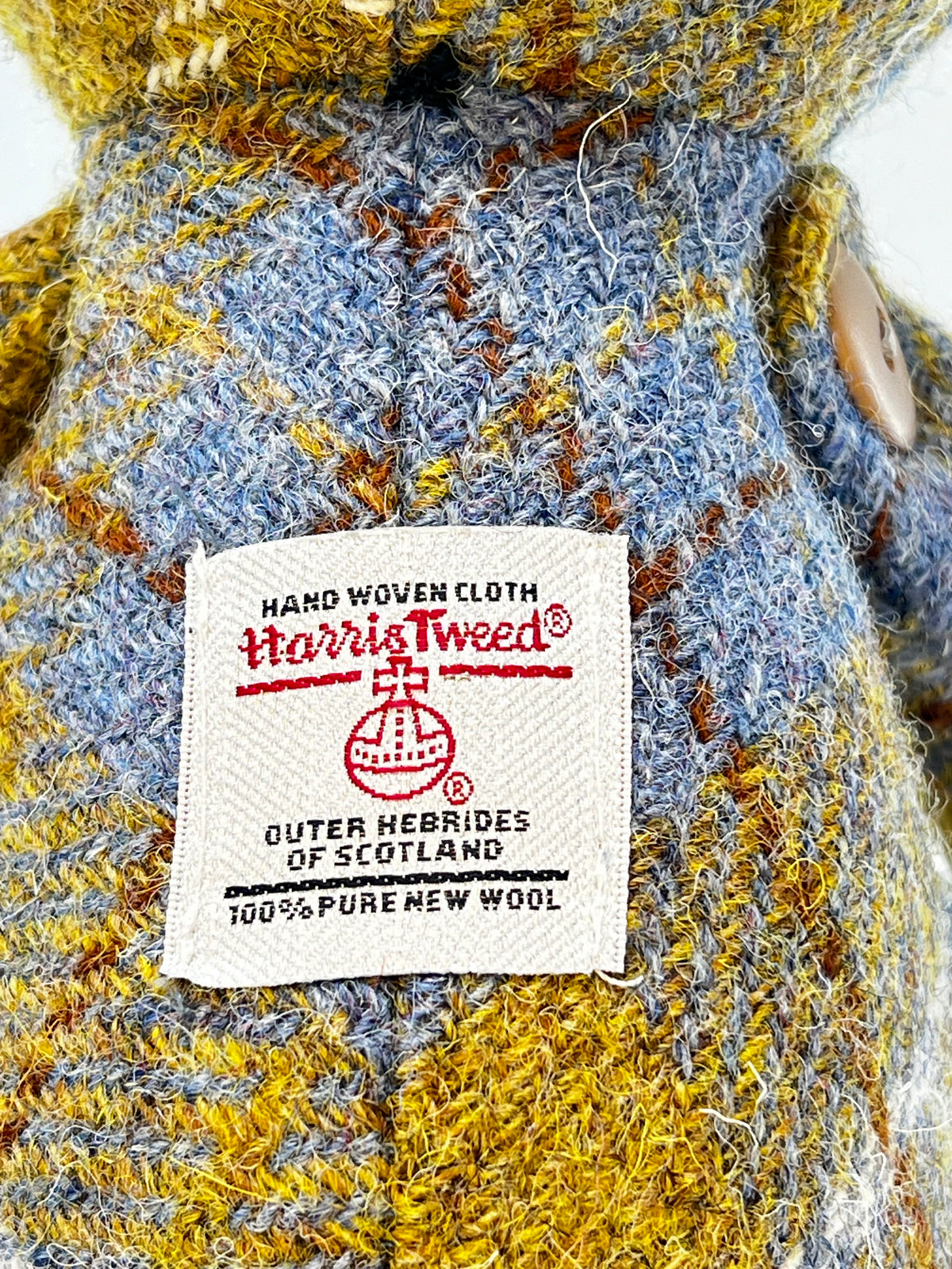Blue Mustard Harris Tweed Bear, Face Detail