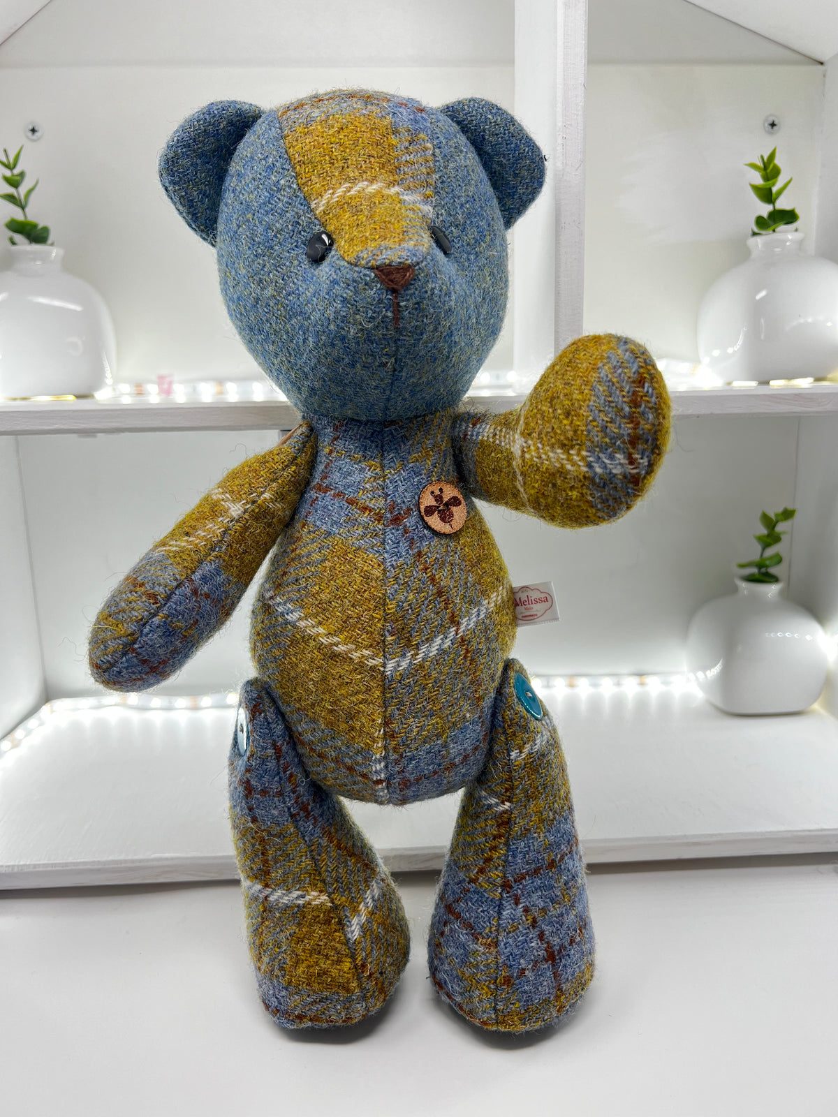 Blue Mustard Harris Tweed Bear, Face Detail