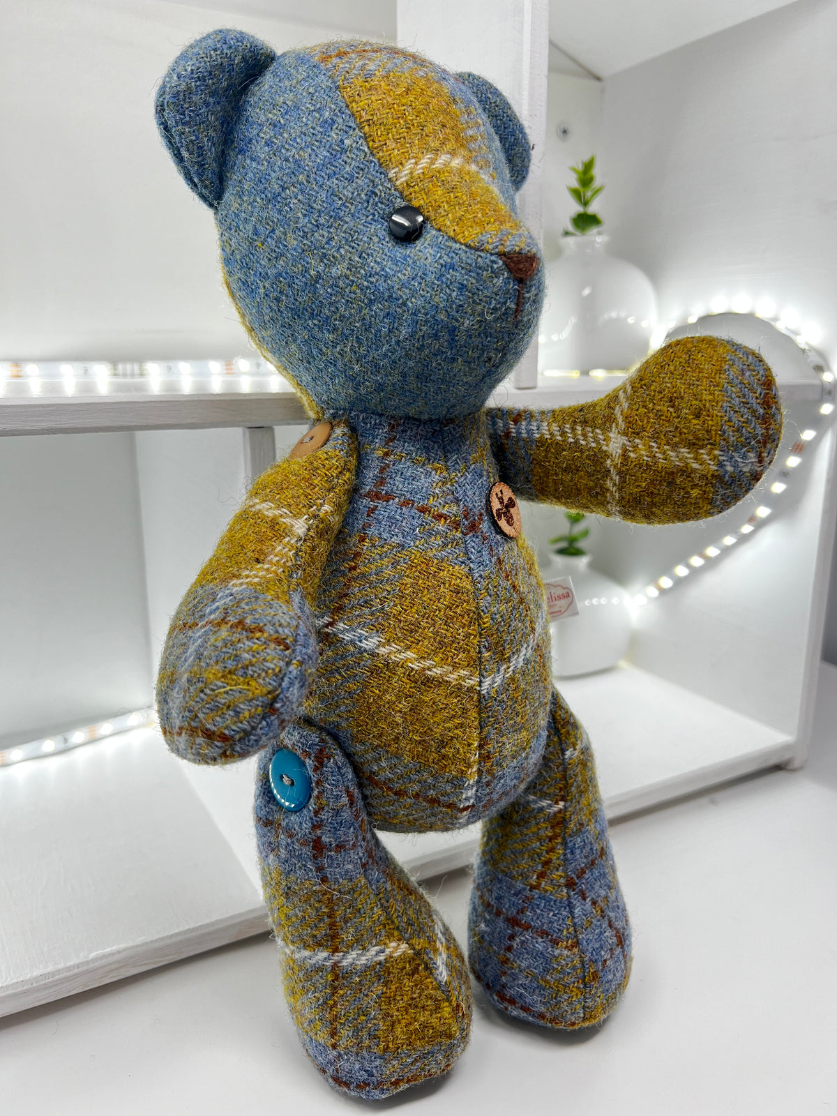 Blue Mustard Harris Tweed Bear, Face Detail