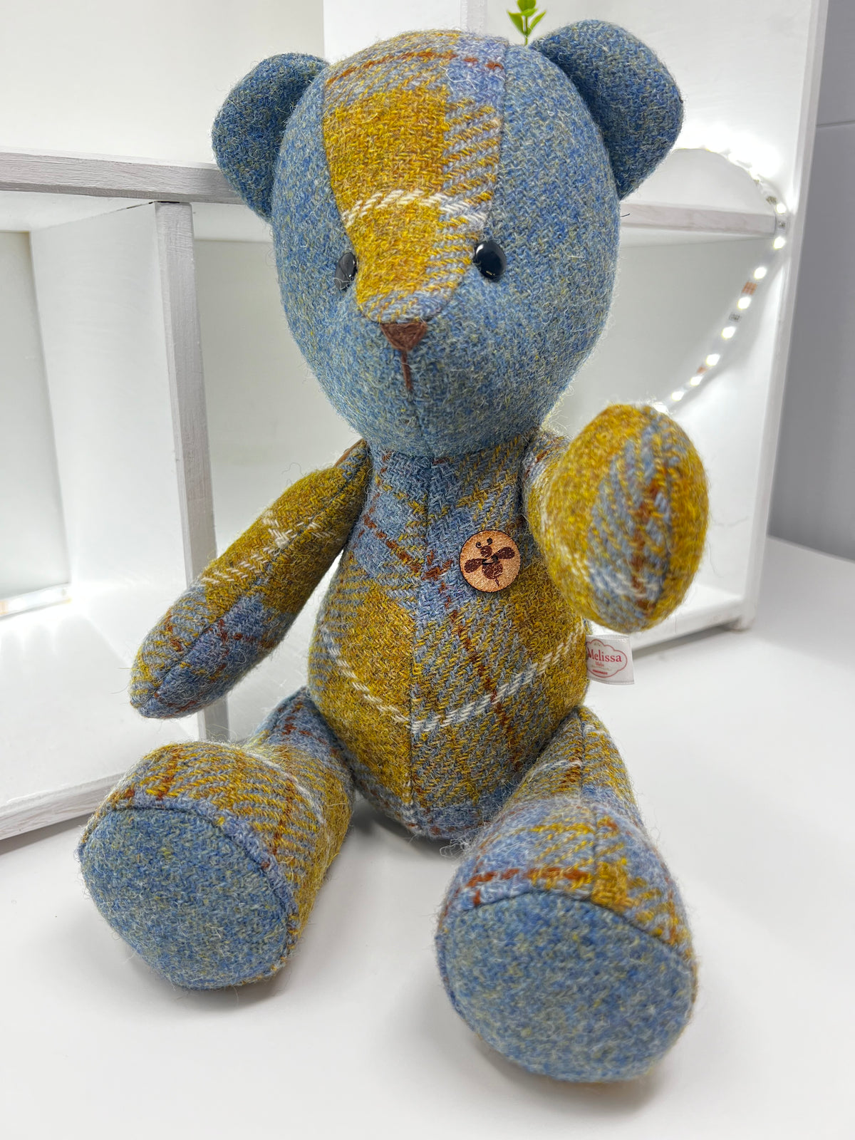 Blue Mustard Harris Tweed Bear, Face Detail
