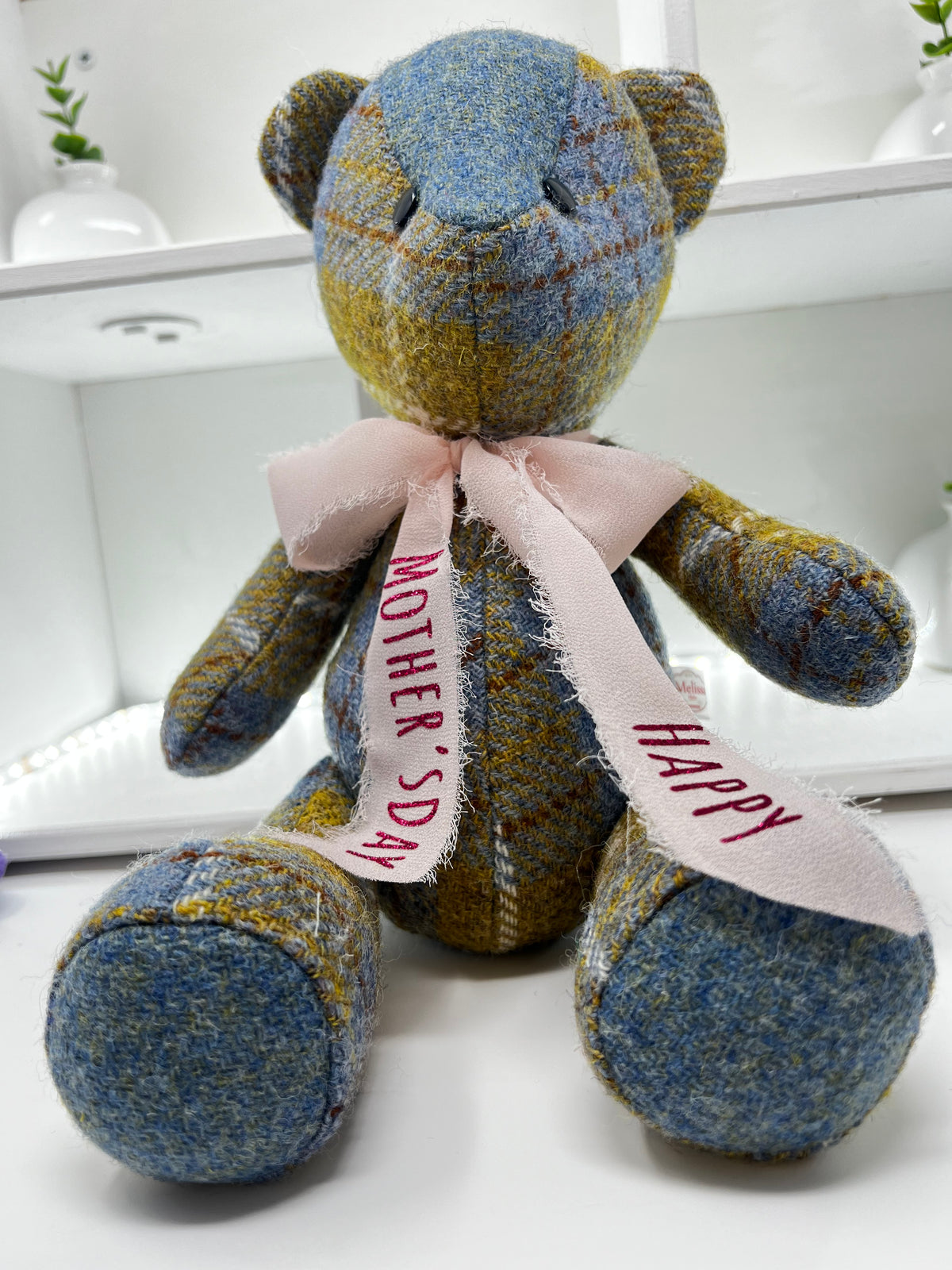 Blue Mustard Harris Tweed Bear, Nose Detail