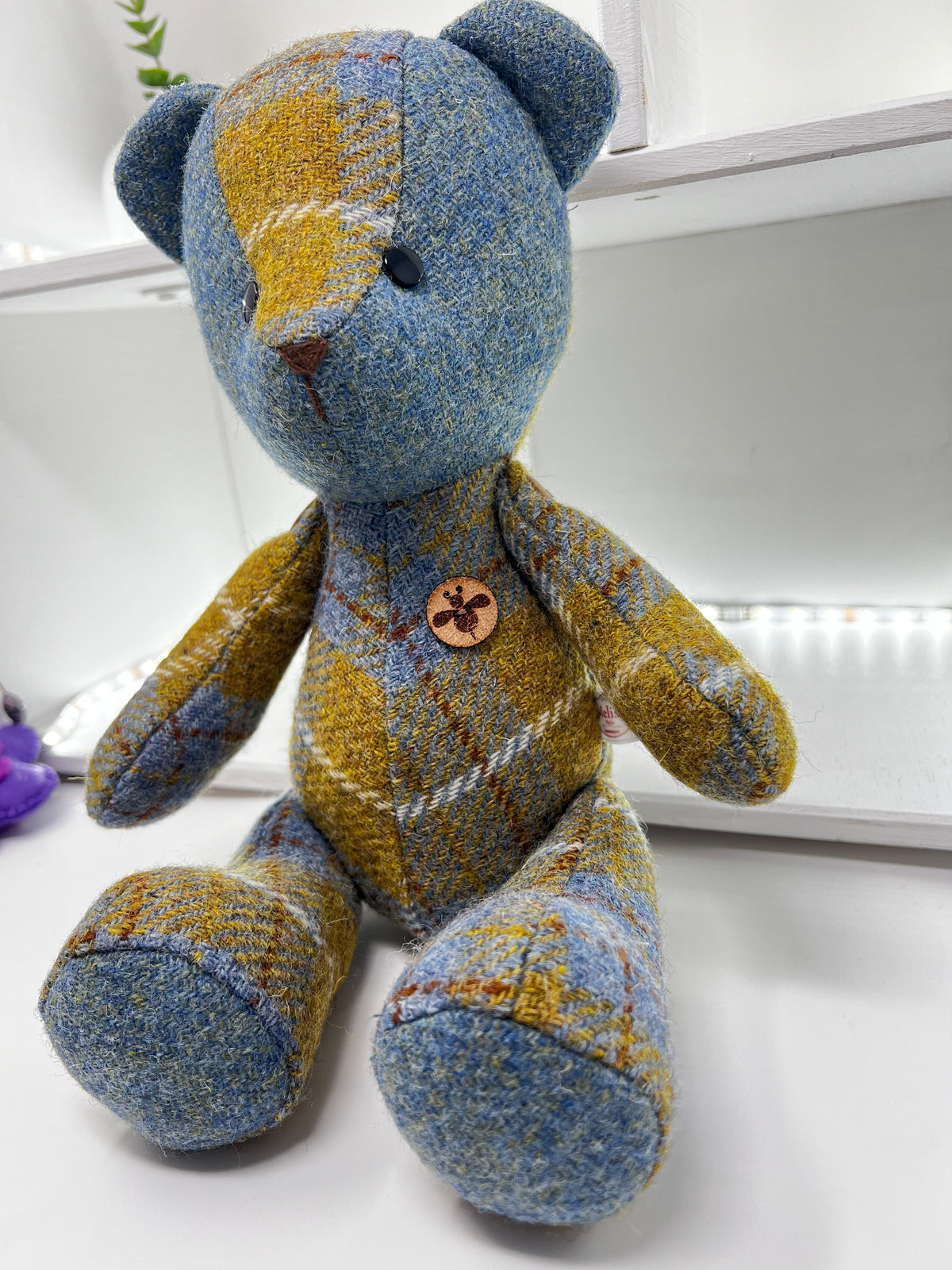 Blue Mustard Harris Tweed Bear, Face Detail