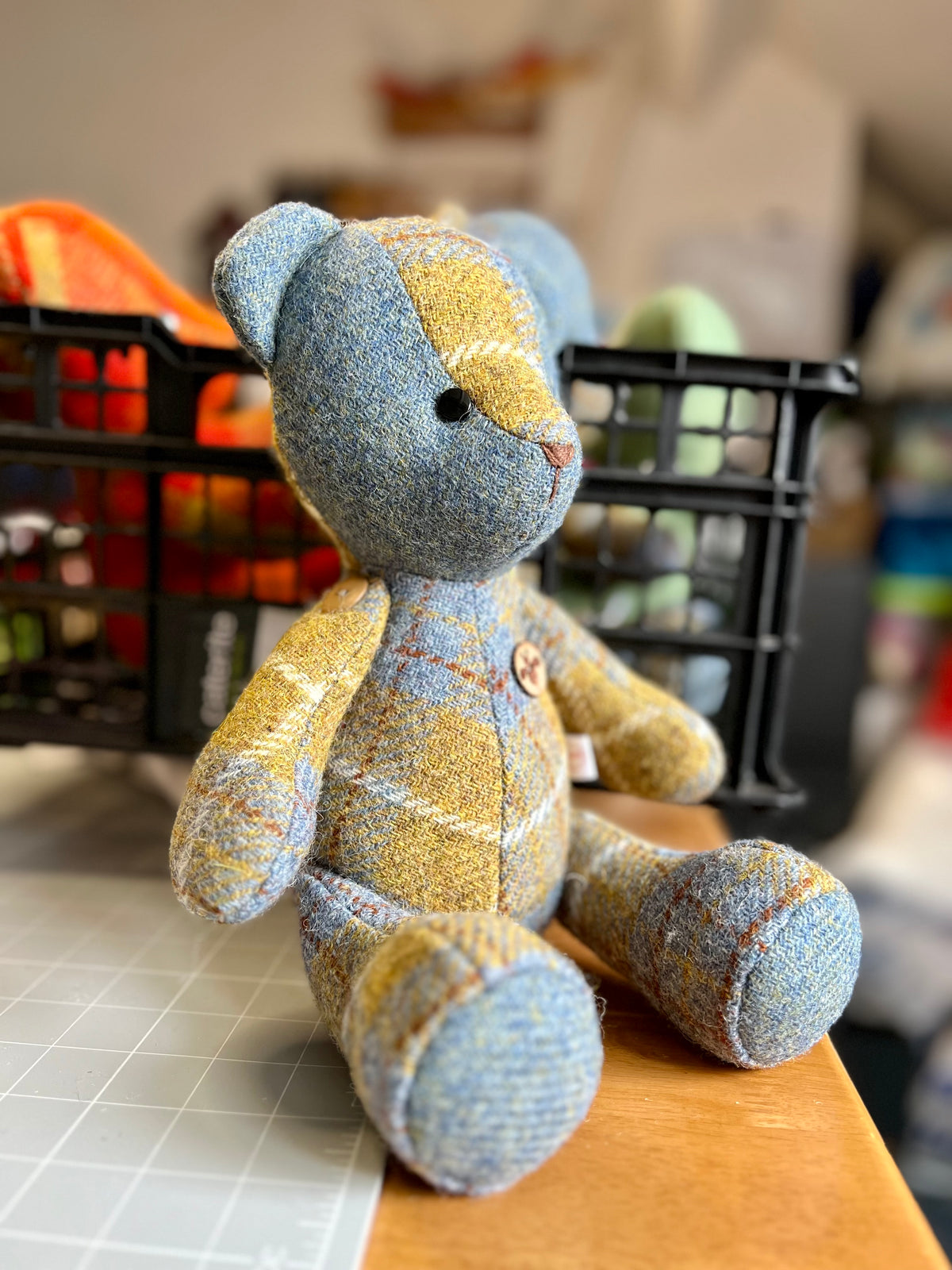 Blue Mustard Harris Tweed Bear, Face Detail