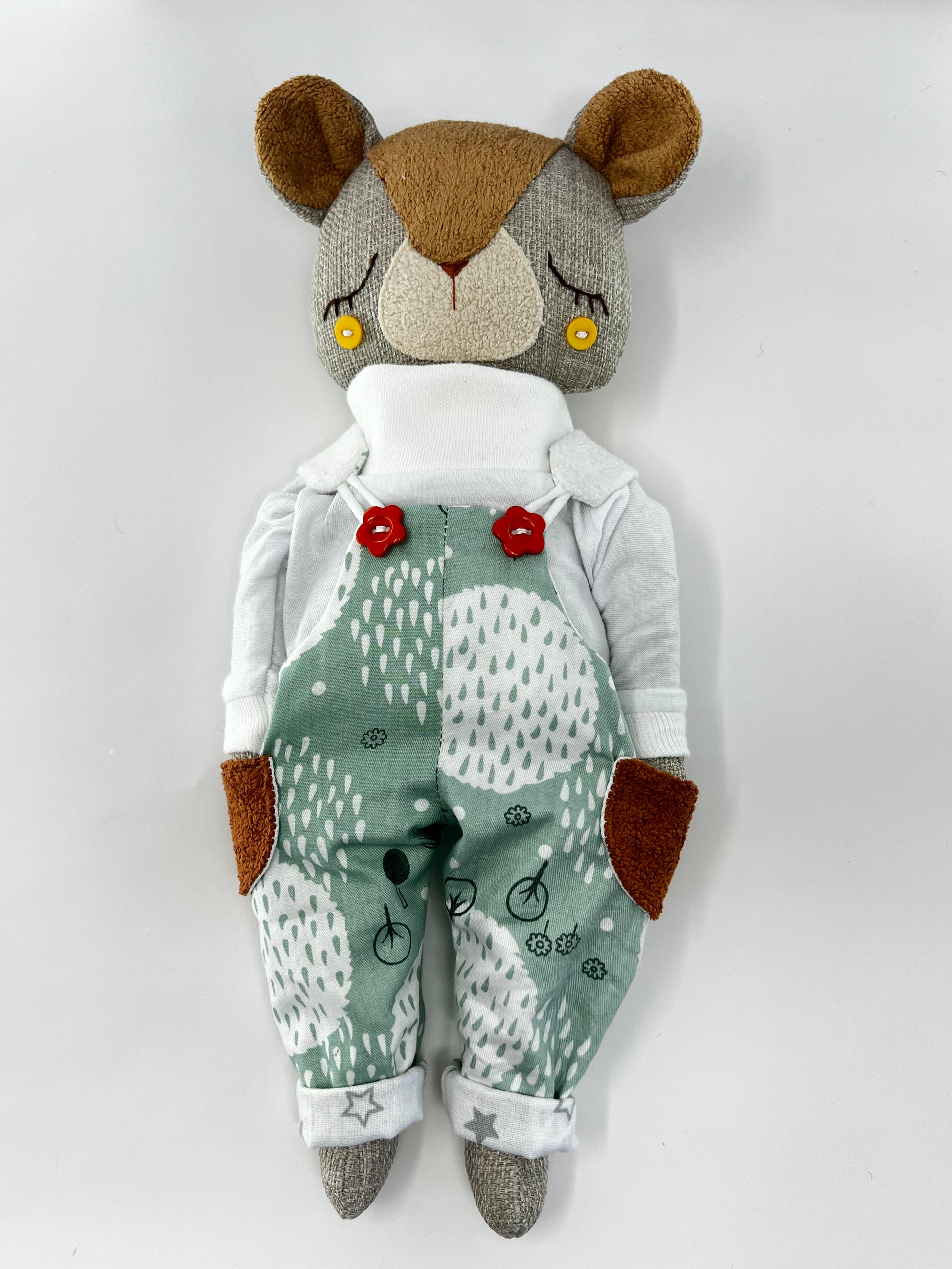 Cute Hugs Bear in Green Dungarees with Orange Flowers