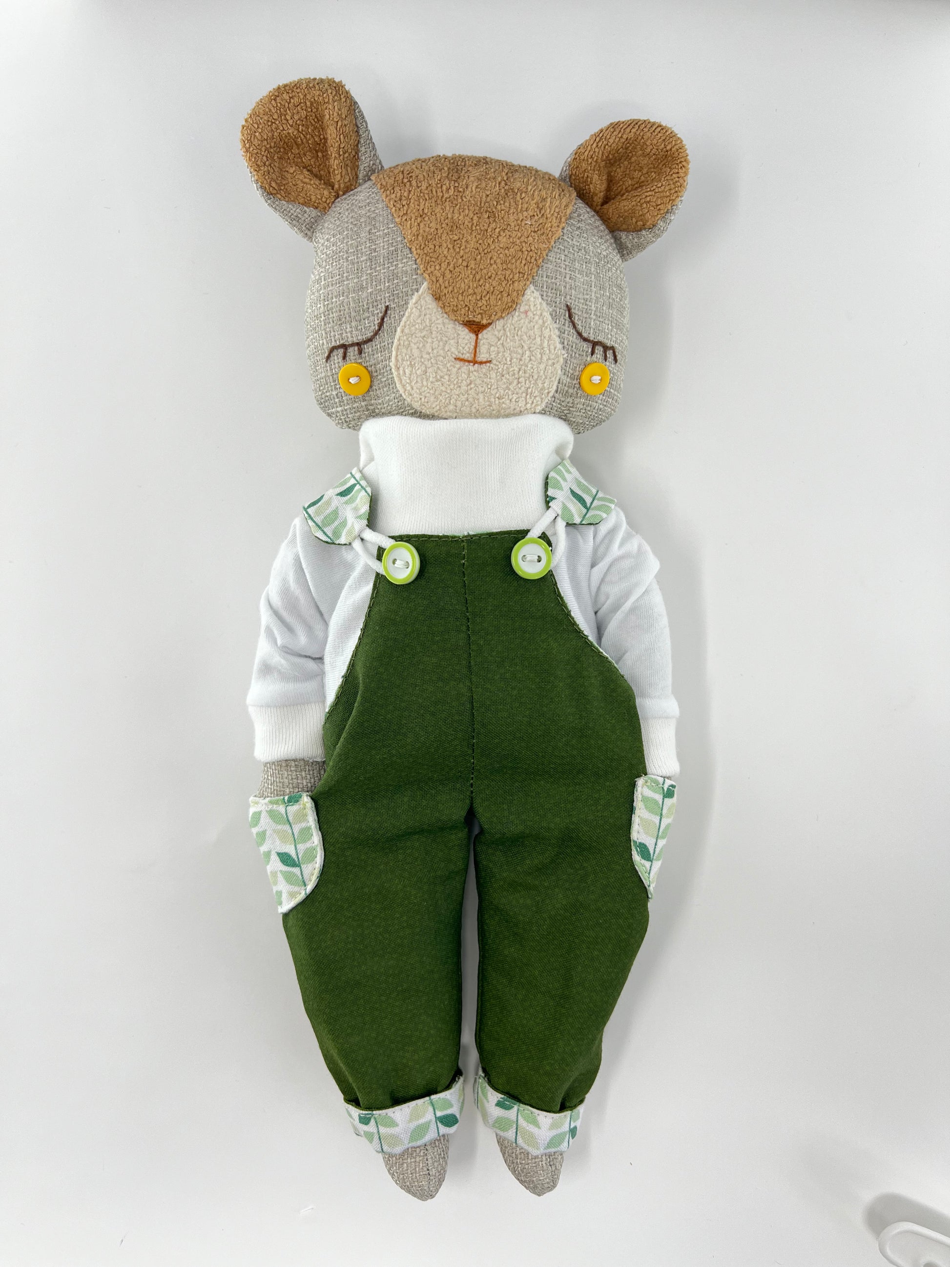 Cute Hugs Handmade Bear in Dark Green Dungarees