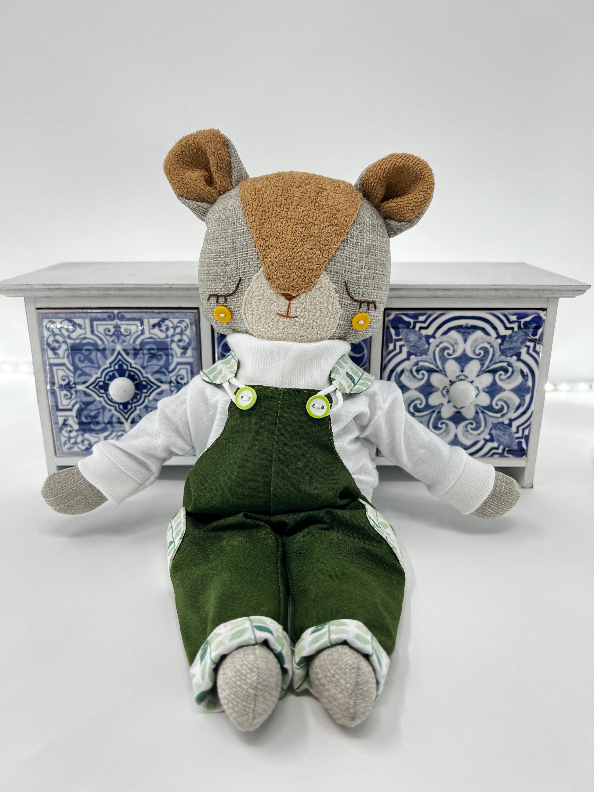 Cute Hugs Handmade Bear in Dark Green Dungarees