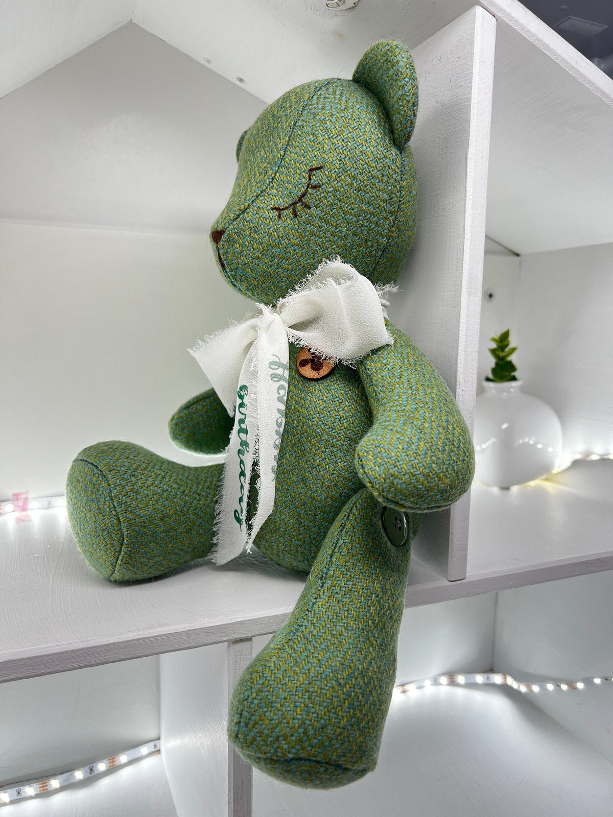 Green Harris Tweed Teddy Bear with Sleeping Eyes