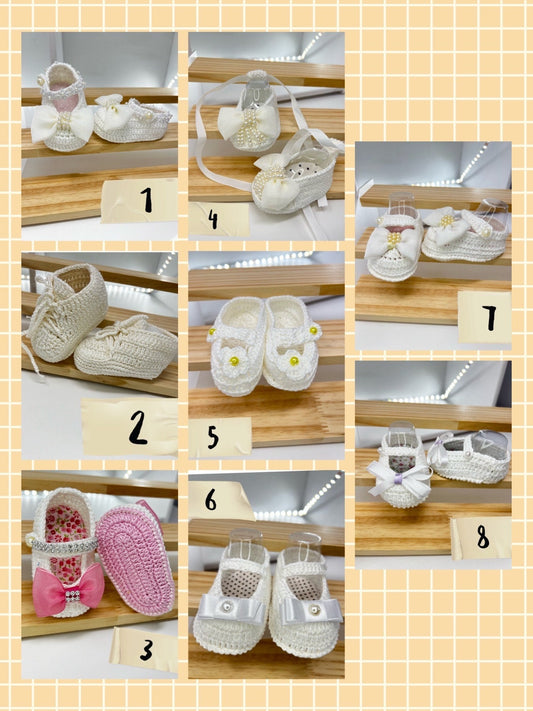 White Crochet Baby Shoes, Eight Designs
