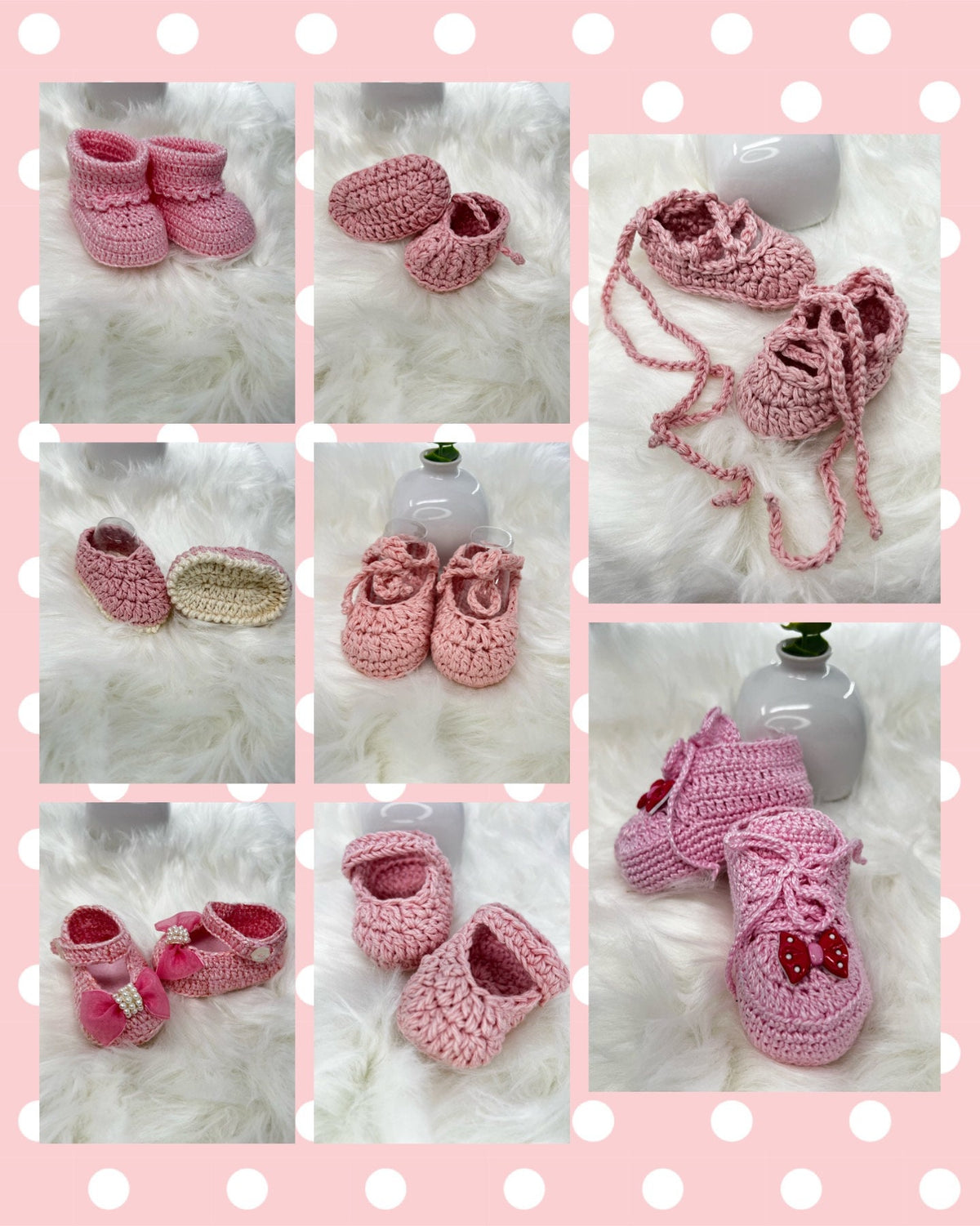 Pink Crochet Baby Shoes, Eight Designs