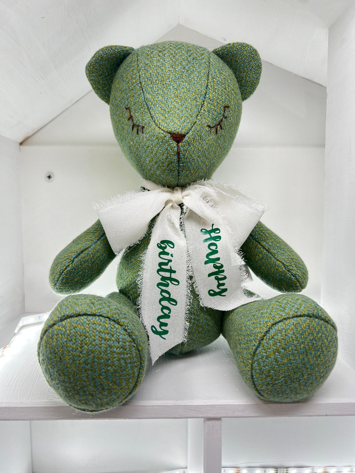 Green Harris Tweed Teddy Bear with Sleeping Eyes