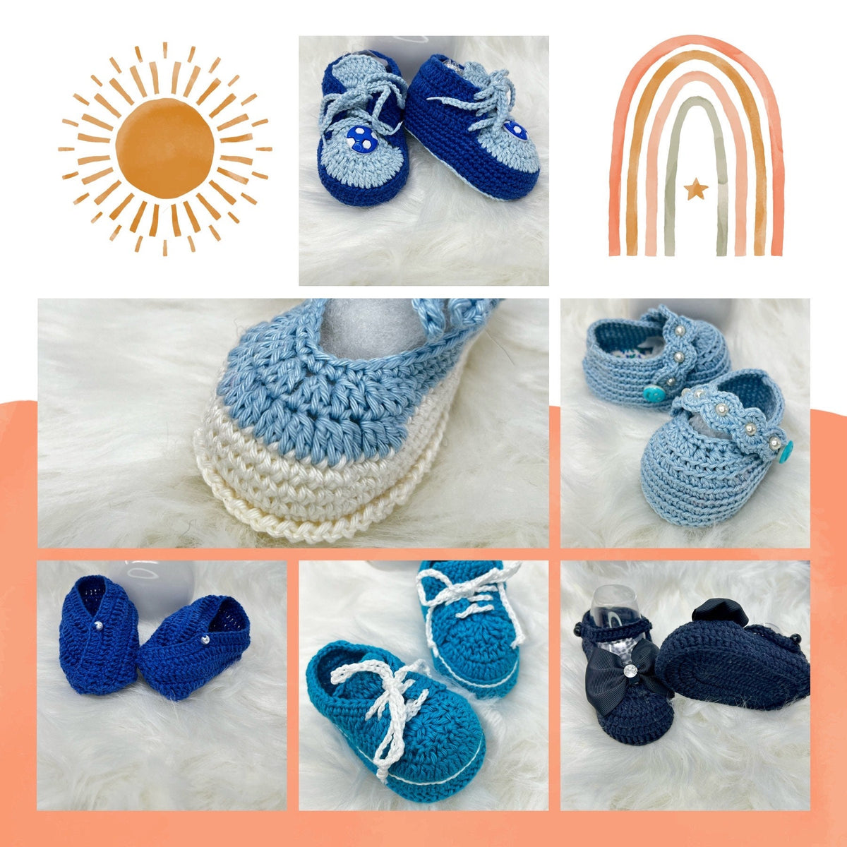 Blue Crochet Baby Shoes, Six Designs
